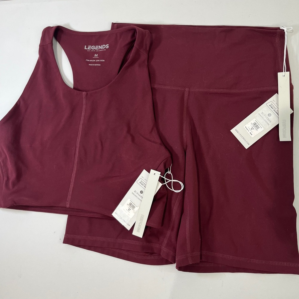 Legends 2 Pc Activewear Set Women M Fig Burgundy Ella Tank Liv Bike Short Sporty
